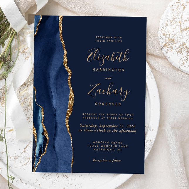 Elegant Navy Blue Gold Agate Wedding Invitation (The perfect choice for a navy blue and gold themed wedding.)