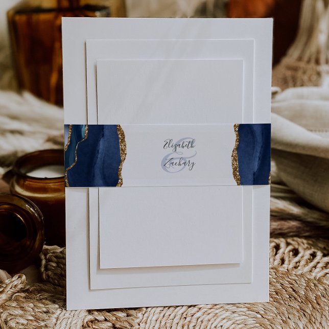 Elegant Navy Blue Gold Agate Wedding Invitation Belly Band (Creator Uploaded)