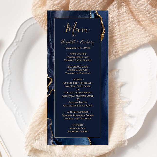 Elegant Navy Blue Gold Agate Wedding Menu (Creator Uploaded)