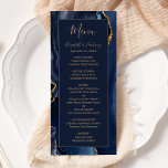 Elegant Navy Blue Gold Agate Wedding Menu<br><div class="desc">This elegant,  modern wedding menu features a watercolor navy blue agate background trimmed with gold faux glitter. The text appears in gold-colored handwriting and copperplate fonts on a navy blue rectangle. The agate design is repeated on the reverse.</div>
