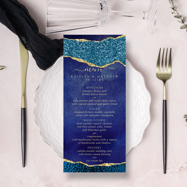 Elegant Navy Blue & Gold Agate Wedding Menu (Creator Uploaded)