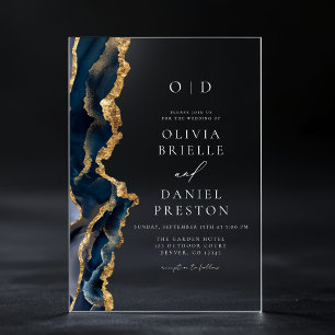 Elegant Navy Blue Gold Agate Wedding Monogram Acrylic Invitations