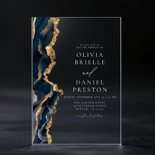 Elegant Navy Blue Gold Agate Wedding Monogram Acrylic Invitations