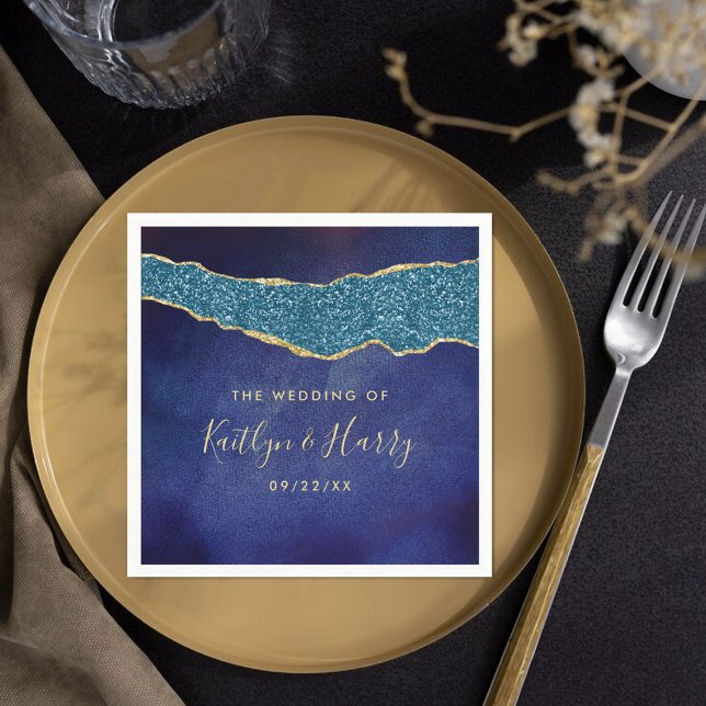 Elegant Navy Blue & Gold Agate Wedding Napkin (Creator Uploaded)