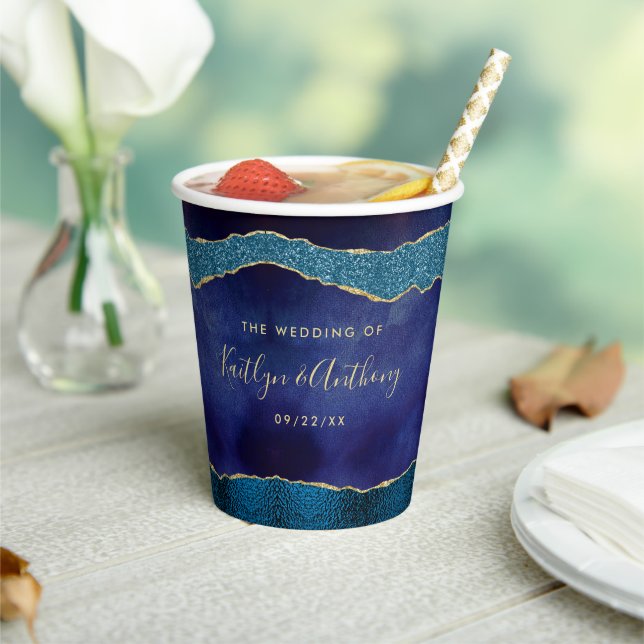 Elegant Navy Blue & Gold Agate Wedding Paper Cups (Insitu)