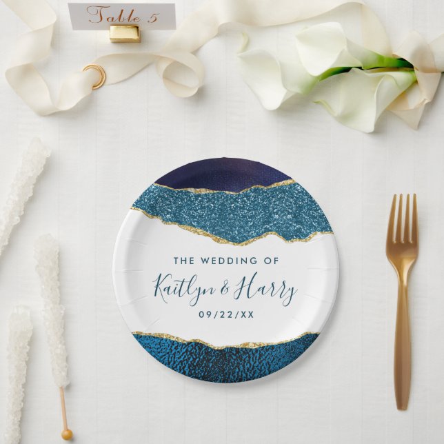 Elegant Navy Blue & Gold Agate Wedding Paper Plate (Wedding)