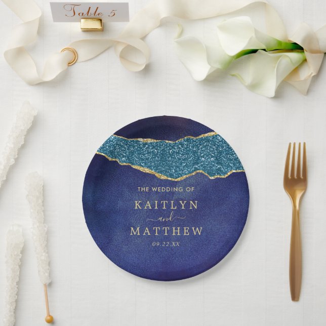 Elegant Navy Blue & Gold Agate Wedding Paper Plate (Wedding)