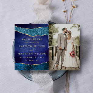 Elegant Navy Blue & Gold Agate Wedding Photo Announcement