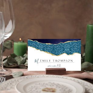 Elegant Navy Blue & Gold Agate Wedding Place Card