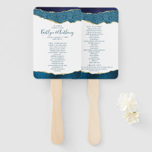 Elegant Navy Blue & Gold Agate Wedding Program Hand Fan