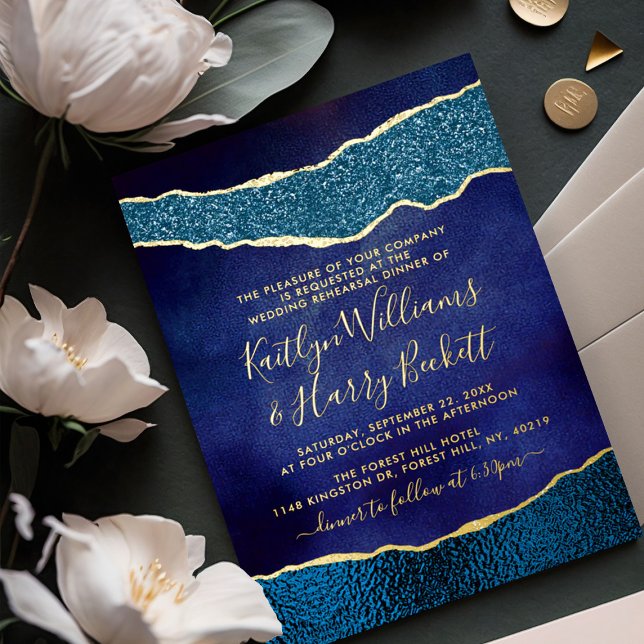 Elegant Navy Blue & Gold Agate Wedding Rehearsal (Creator Uploaded)