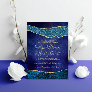 Elegant Navy Blue & Gold Agate Wedding Rehearsal Invitation