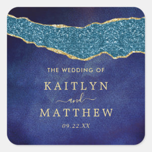 Elegant Navy Blue & Gold Agate Wedding Square Sticker