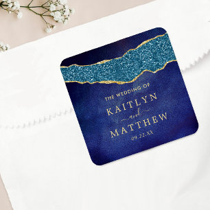 Elegant Navy Blue & Gold Agate Wedding Square Sticker