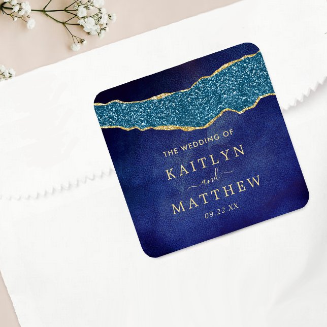Elegant Navy Blue & Gold Agate Wedding Square Sticker (Creator Uploaded)