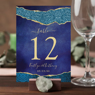Elegant Navy Blue & Gold Agate Wedding Table Card