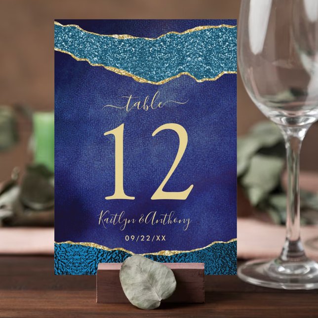 Elegant Navy Blue & Gold Agate Wedding Table Number (Creator Uploaded)