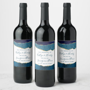 Elegant Navy Blue & Gold Agate Wedding Wine Label