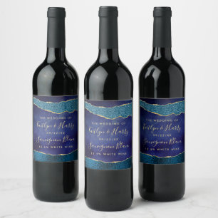Elegant Navy Blue & Gold Agate Wedding Wine Label