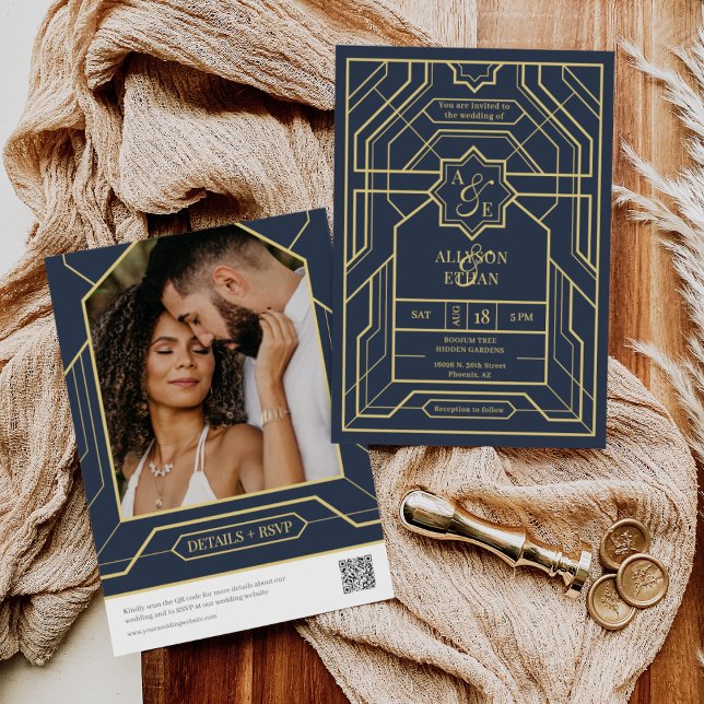 Elegant Navy Blue Gold Art Deco QR Code Photo Invitation (Creator Uploaded)