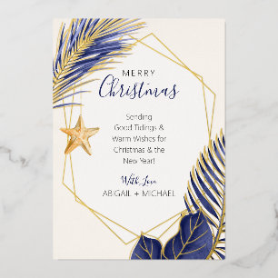 Elegant Navy Blue & Gold Beach Tropical Christmas Foil Holiday Card