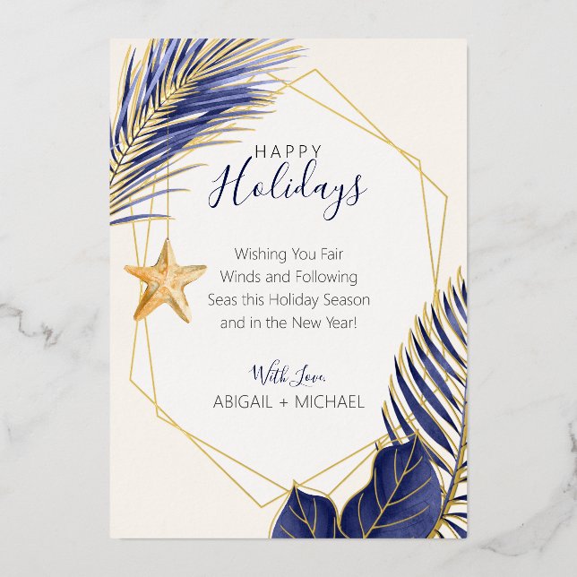 Elegant Navy Blue & Gold Beach Tropical Christmas Foil Holiday Card (Front)