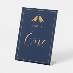 Elegant Navy Blue Gold Birds Table Number Pedestal Sign