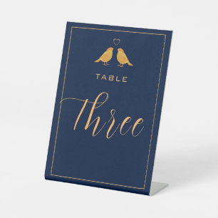 Elegant Navy Blue Gold Birds Table Number Pedestal Sign
