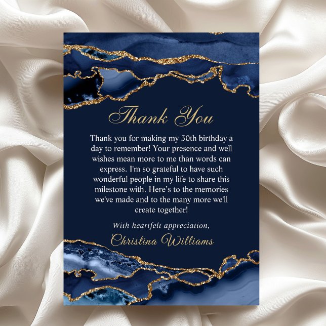 Elegant Navy Blue & Gold Birthday Party Thank you Card (Blue and Gold Birthday party thank you card)