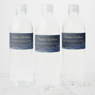 Elegant Navy Blue & Gold Birthday Party Water Bottle Label