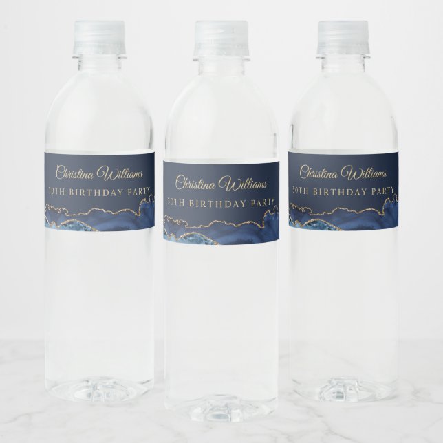 Elegant Navy Blue & Gold Birthday Party  Water Bottle Label (Bottles)