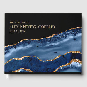 Elegant Navy Blue Gold Black Marble Wedding Guest Book