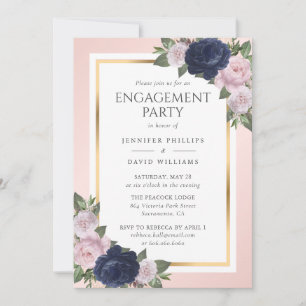 Elegant Navy Blue Gold Blush Engagement Party Invitation