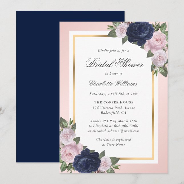 Elegant Navy Blue Gold Blush Floral Bridal Shower Invitation (Front/Back)