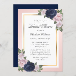 Elegant Navy Blue Gold Blush Floral Bridal Shower Invitation