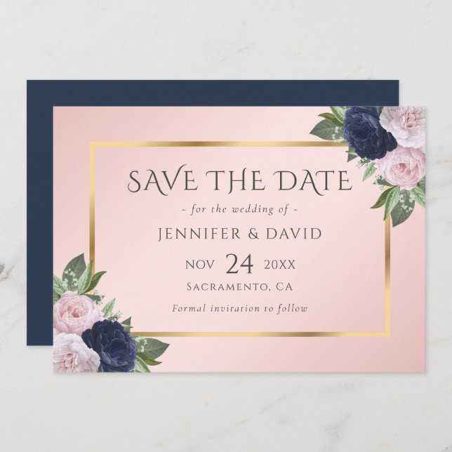 Elegant Navy Blue Gold Blush Pink Floral Save The Date (Front/Back)