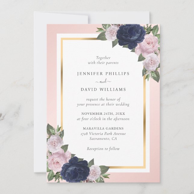 Elegant Navy Blue Gold Blush Pink Floral Wedding Invitation (Front)