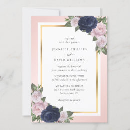 Elegant Navy Blue Gold Blush Pink Floral Wedding Invitation