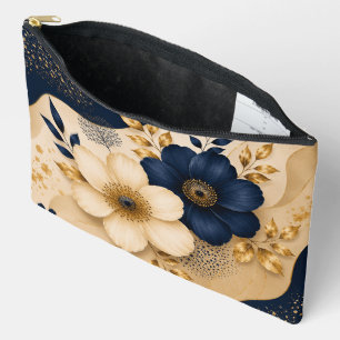 Elegant Navy Blue & Gold Botanical Floral Pattern Accessory Pouch