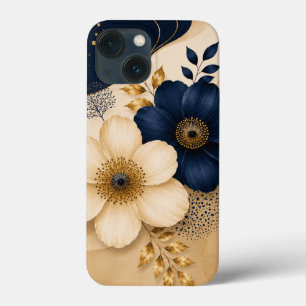 Elegant Navy Blue & Gold Botanical Floral Pattern iPhone 13 Mini Case