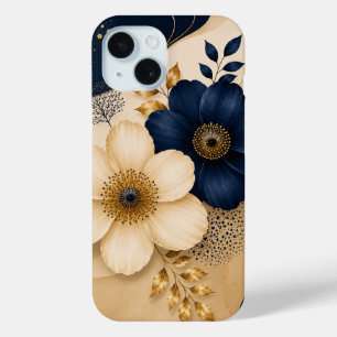 Elegant Navy Blue & Gold Botanical Floral Pattern iPhone 15 Case