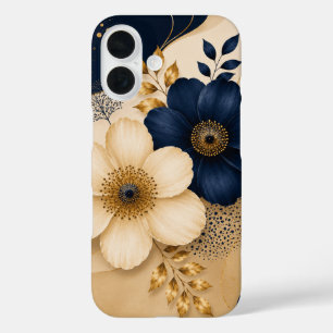 Elegant Navy Blue & Gold Botanical Floral Pattern iPhone 16 Case