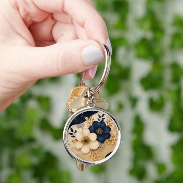 Elegant Navy Blue & Gold Botanical Floral Pattern Key Ring (Hand)