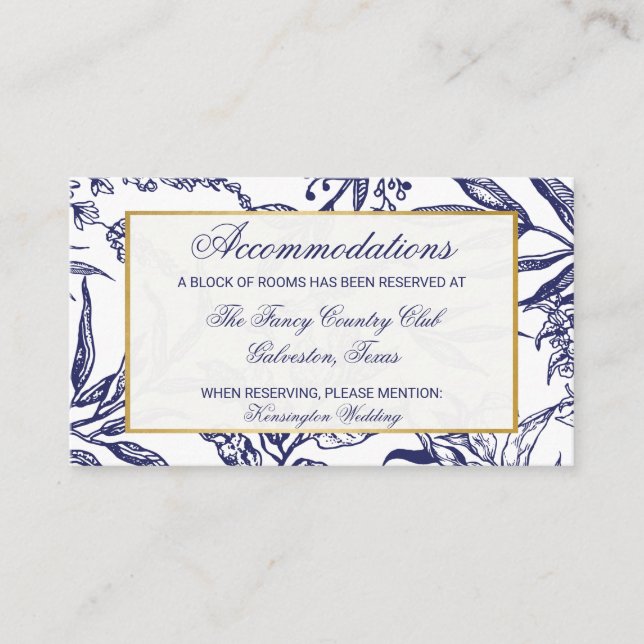 Elegant Navy Blue Gold Botanical Wedding Details Enclosure Card (Front)