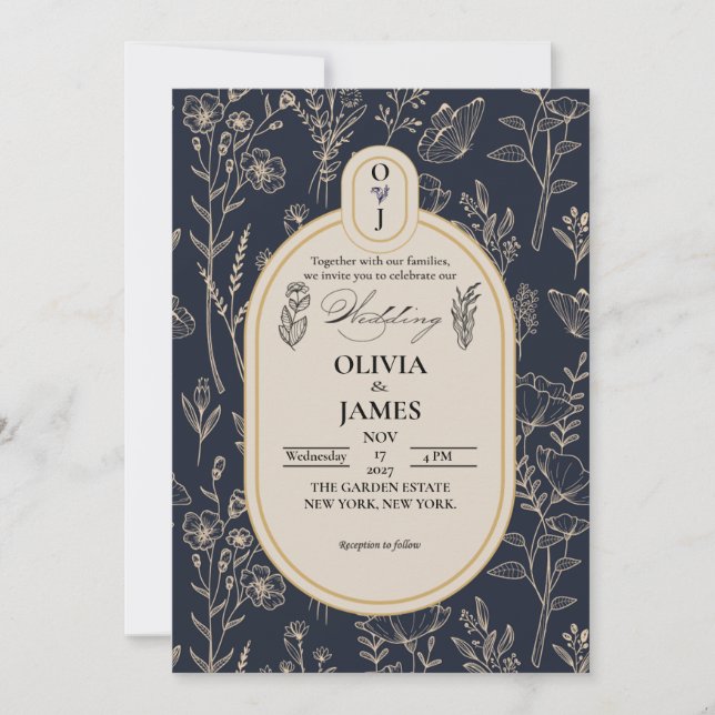 Elegant Navy Blue Gold Botanical Wedding Invitatio (Front)
