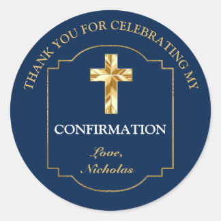 Elegant Navy Blue Gold Boys Confirmation Thank You Classic Round Sticker