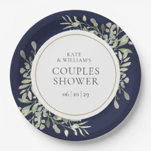 Elegant Navy Blue Gold Burgundy Couples Shower Paper Plate
