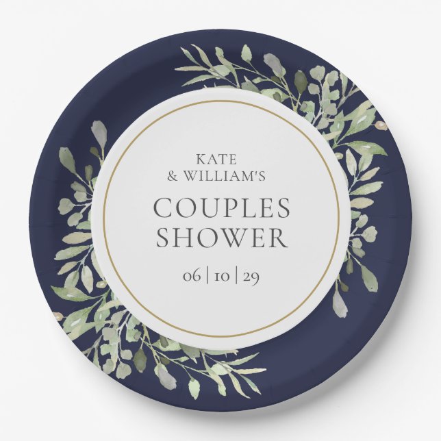 Elegant Navy Blue Gold Burgundy Couples Shower Paper Plate (Front)