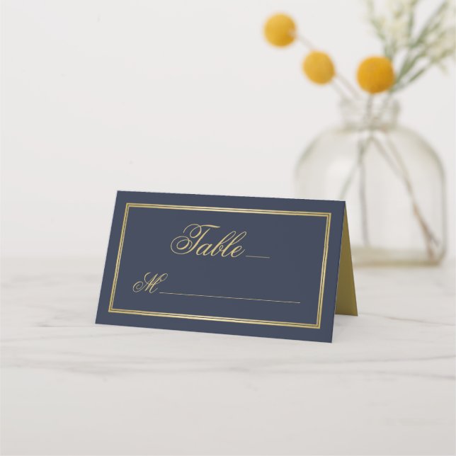 Elegant Navy Blue Gold Calligtraphy Wedding Place Card (Front)