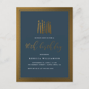 Elegant Navy Blue & Gold Candles 40th Birthday Invitation Postcard
